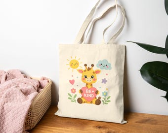 Be Kind Giraffe Tote Bag for Kids, Cute Animal Tote Bag, Library Bag, Preschool Tote, Zoo Animal Bag, Gift for Kids, Design on Both Sides!