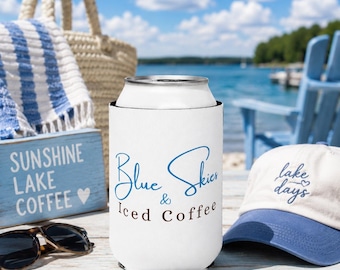 Blue Skies & Iced Coffee Can Cooler Sleeve | Double-Sided Summer Drink Sleeve | Blue Bow Beverage Holder | Beach Lake Pool Gift