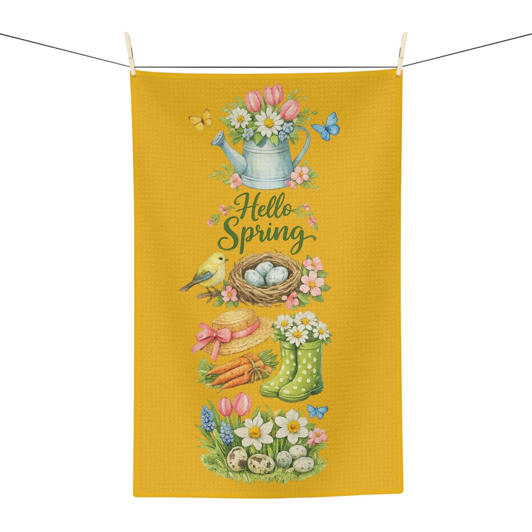 Hello Spring Tea Towel, Yellow Kitchen Towel, Cottagecore Floral Dish ...