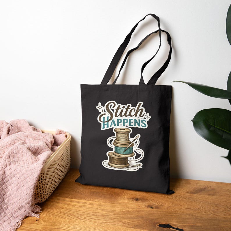 Stitch Happens Tote Bag, Funny Sewing Tote, Quilter Gift Bag, Crochet Project Bag, Embroidery Lover Gift, Knitting Tote, Craft Room Tote image 2