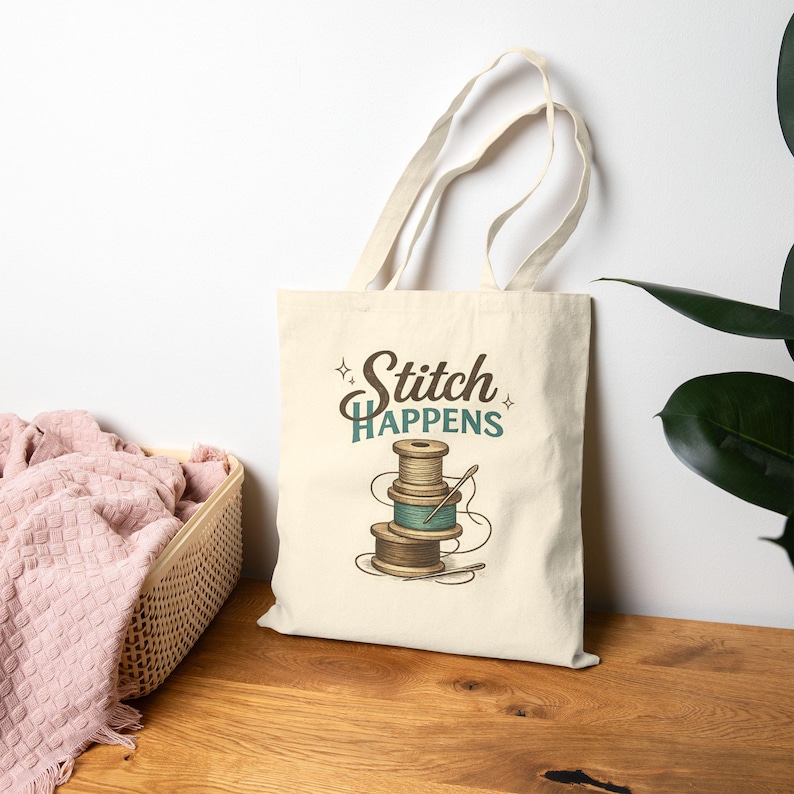 Stitch Happens Tote Bag, Funny Sewing Tote, Quilter Gift Bag, Crochet Project Bag, Embroidery Lover Gift, Knitting Tote, Craft Room Tote image 1
