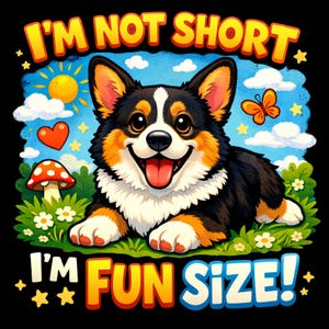 Pode incluir: Ilustração digital de um cão corgi sorridente com pelo preto, branco e laranja, deitado na relva verde. O fundo apresenta um céu azul com nuvens, um sol, um coração, um cogumelo e uma borboleta. O texto diz "I'M NOT SHORT I'M FUN SIZE!"
