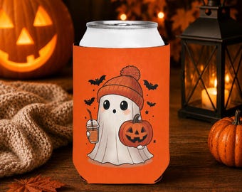 Spooky & Sippin' Double-Sided Halloween Can Cooler | Cute Ghost Drink Sleeve | Fall Beverage Holder | Pumpkin Ghost Gift