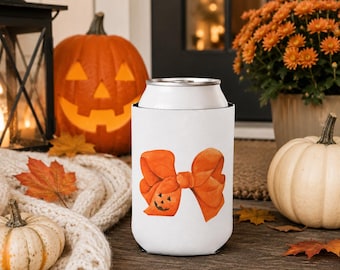 Funda enfriadora de latas de doble cara con temática de calabazas, funda para bebidas de otoño, soporte para latas con lazo de Halloween, funda para bebidas de otoño, regalo para amantes de las calabazas