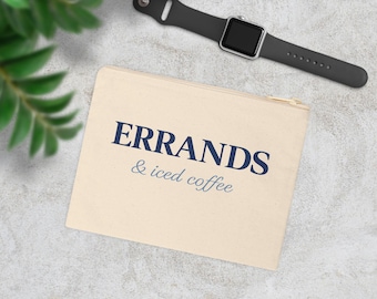 Errands & Iced Coffee Zipper Pouch, Cute Cosmetic Bag, Coffee Lover Makeup Bag, Neutral Canvas Travel Pouch, Purse Organizer Gift for Women