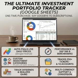 Może przedstawiać: Laptop z pulpitem nawigacyjnym śledzenia portfela z wykresami i danymi. Tekst brzmi: "THE ULTIMATE INVESTMENT PORTFOLIO TRACKER (GOOGLE SHEETS)". Funkcje obejmują codzienne ceny na żywo, niestandardowe kategorie inwestycji i obsługę wielu walut.