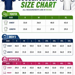 May include: A soccer jersey size chart displaying measurements in inches for youth, men's, and women's categories. The chart includes chest, length, and waist dimensions for sizes ranging from small to 5XL, featuring illustrations of jerseys.
