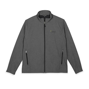 Può includere: Una giacca softshell grigio antracite a maniche lunghe con cerniera frontale nera a tutta lunghezza, colletto rialzato e due tasche laterali con cerniera. Sul petto sinistro è presente un piccolo logo con il testo exp. in nero e un'icona gialla.