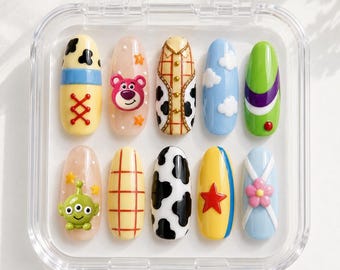 Toy Story Press On Nails, 3D Woody Buzz Lightyear Jessie Lotso Alien Cartoon Nails - Handmade Cute Disney Nails Set