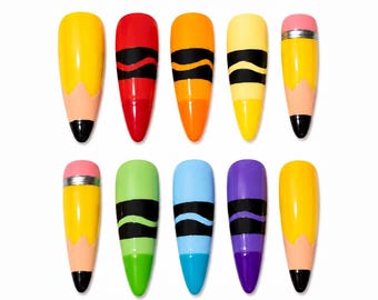 Aesthetic Back to School Press on Nails Handmade Crayon Chalkboard Nails Almond Shape Fake Nails Elegant Gel Nails Gift for Teacher