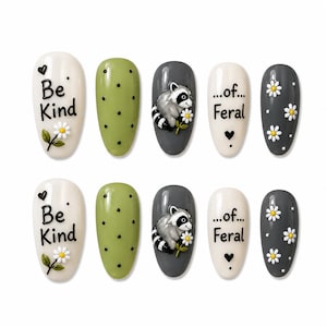 Be Kind Of Feral Press On Nails, Be A Jimothy Raccoon False Nails, Cute Woodland Animal Nail Set, Funny Meme Nails