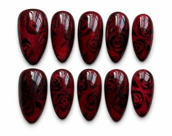 Velvet Rose Press-On Nails, Deep Red Glossy Nails with Embedded Black Floral Art, Cat Eye Handmade Romantic Nail Set