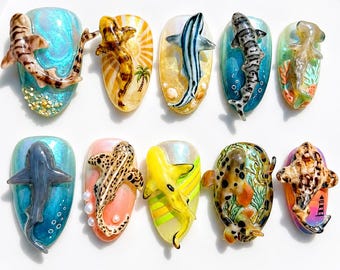 Ocean Press On Nails / Shark Nails / Ocean Shark Nails / 3D Sea Life Art / Handmade Luxury Press On Nails