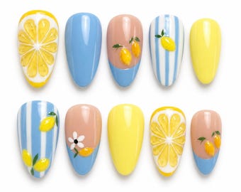 Summer Lemon Almond Press On Nails, Tropical Fruit Nails, Blue French Tip Nails, Cute Citrus Nail Set, Handmade Glossy Lemonade Nails