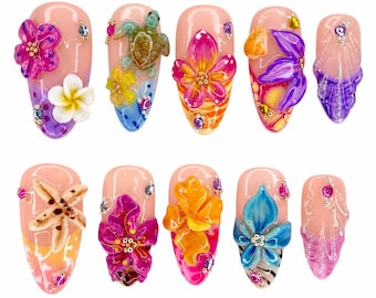 Tropical 3D Flower Press On Nails, Hibiscus Plumeria Beach Nail Set, Glossy Summer Vacation Nails, Luxury Gel Nail Art