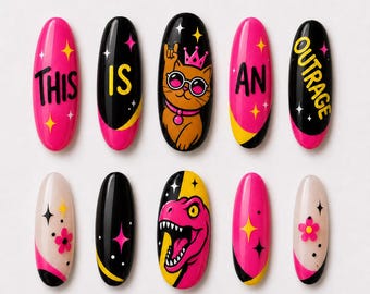 This Is an Outrage Press On Nails, Princess Donut and Mongo Nail Set, Dungeon Crawler Carl Nails, Bookish Cat Dinosaur Nails