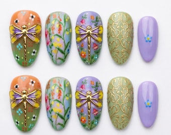 Press On Nails Dragonfly with Pink Flower | 3D Nature Fake Nails in Long Almond | Handmade Spring Nail Art for Holiday, Vacation, Birthday