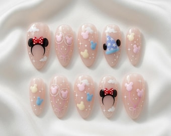Disney Trip Press On Nails, Pastel Mickey Mouse Fake Nails, Minnie Ears Magic Kingdom Nail Art, Sorcerer Mickey Mouse Nails