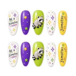 Jimothy Raccoon Press On Nails, Funny Raccoon False Nails, Cute Meme Animal Nail Set, Woodland Almond Nails