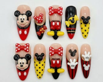 Handmade Disney Mickey Press On Nails | 3D Face, Polka Dot Bows, Gloves & Shoe Embellishments | Almond Nails For Disney Theme Vibe
