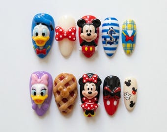 Handmade Disney Classics Press On Nails | 3D Mickey, Minnie, Donald, Daisy & Pie | Almond Nails For Playful Vintage Vibe