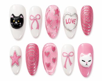 3D Kawaii Cute cat nails nails press on nails long almond nails/Green Plaid Nails/French nails/Custom nails/Birthday nails