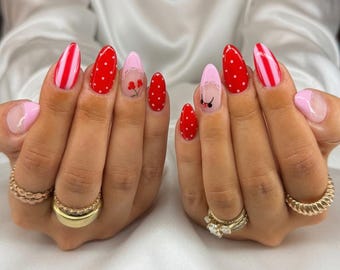 Mickey Inspired Red Polka Dot Press On Nails, Theme Park Vacation Nails, Pink French Cherry Bow Nail Set