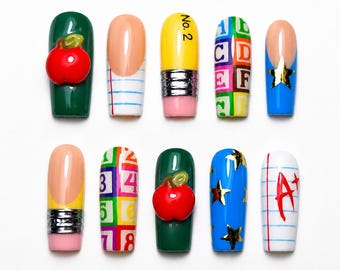 Handmade Back To School Press On Nails - Pencil Crayon Apple School Bus Nail Art - Square Nails for Teacher Gifts