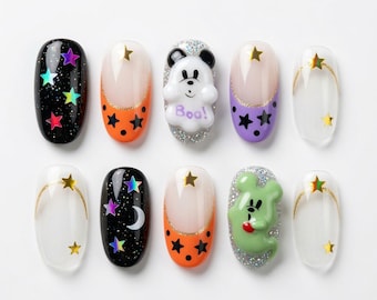 Halloween Disney Mickey Ghost Press On Nails: Kawaii Mouse & Balloon Nail Art