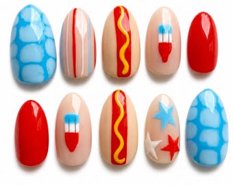 Funny Hot Dog Press On Nails, 4th of July Fake Nails, Handpainted Summer BBQ Foodie Glue Ons, Cute 3D Manicure, Almond Nails Custom Set