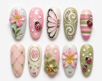 3D Butterfly nails/press on nails long almond nails/Elegant Nails/Summer nails/Cute ladybug nails/Pink polka dot nails/Holiday Custom nails
