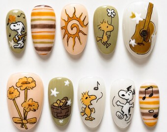 Cute Music Dog Press On Nails, Guitar & Sunflower Almond Fake Nails, Cozy Cartoon Nail Set, Handmade Fall Nail Art