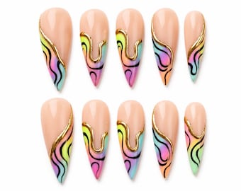 Rainbow Swirl Press On Nails, Handmade Glossy Acrylic Nails, Colorful Abstract French Tip Stiletto Nails, Y2K Summer Nails