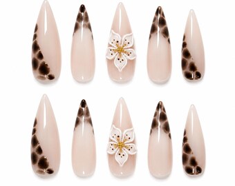 Animal print french tip Press on Nails, leopard print 3d flower fake nails, glue on nail, holiday birthday gift for her