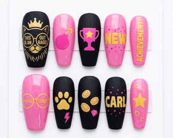 Dungeon Crawler Carl Inspired Press On Nails | "New Achievement" Gamer Custom Nails | Sci-Fi LitRPG Fan Art Gift