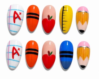 Back to School Nails | A+ Notebook, Crayon, Apple, Ruler, Pencil Press On Nails for Teacher Appreciation or First Day of School