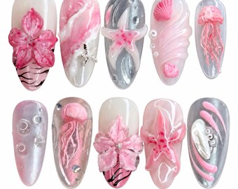 3D Flower Press On Nails: Pink Ombre Almond, Handmade