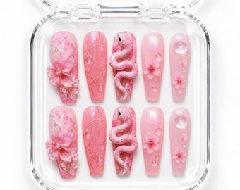 Pink 3D Snake Cherry Blossom Press On Nails, Sculpted Water Drop Coquette Glue On