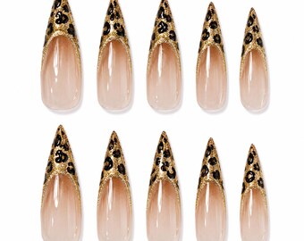 Long Stiletto Leopard Print French Tip Press On Nails, Glamorous Gold Leopard French Tip Press Ons, Brown Ombre Sparkly False Nails