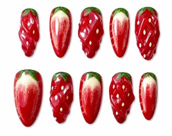 3D Strawberry Press On Nails, Glossy Red Fruit Fake Nails, Summer Berry Nail Set, Cute Coquette Handmade Nails