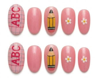 Back To School Press On Nails, Cute Teacher Nails, Pink School Supplies Nails, Pencil Nails, Student Gift Press Ons