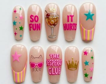 Princess Donut Press On Nails, Dungeon Crawler Carl Nails, Desperado Club Cat Nails, So Fun It Hurts Fake Nail Set