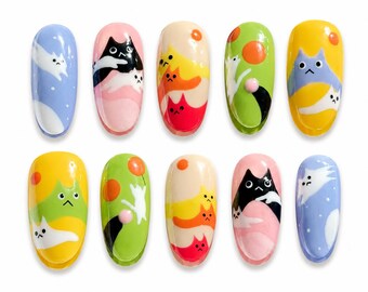 Cute Cat Press On Nails, Kawaii Kitty Nail Set, Colorful Cartoon False Nails, Hand Painted Y2K Cat Nails Gift