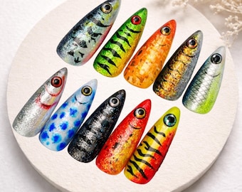 Realistic Fish Lure Press On Nails Set, Ocean Fishing Inspired Glitter Nails, Long Stiletto Handmade False Nails with Fish Eye Design
