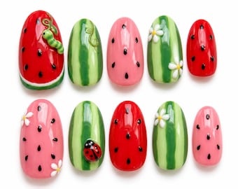 Watermelon Press On Nails, Cute Summer Fruit Nails, Ladybug Nails, Kawaii Watermelon Nail Set, Handmade Almond Nails