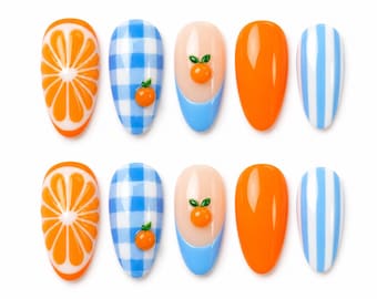 Orange Press On Nails, Citrus Fruit Nails, Blue French Tip Nails, Cute Summer Orange Nail Set, Mediterranean Vacation Nails