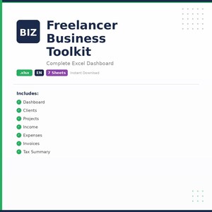 Pode incluir: Um gráfico branco com o texto "Freelancer Business Toolkit" e "Complete Excel Dashboard". A imagem inclui uma lista de recursos: Painel, Clientes, Projetos, Rendimentos, Despesas, Faturas e Resumo Fiscal.