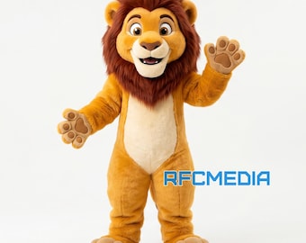 Giant Yellow Lion Mascot Costume with Brown Mane, Custom Handmade Adult Cute Jungle King Safari Animal Cosplay Suit for Birthday Party Event