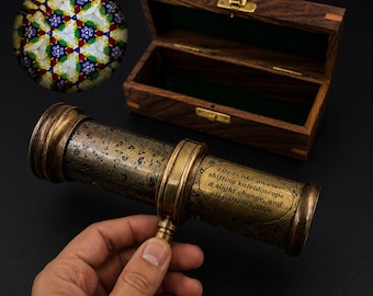 Brass Kaleidoscope with Wooden Box: Vintage Optical Toy, Personalized Gift