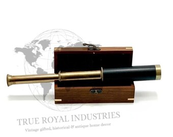 Antique Brass Spyglass Telescope with Wooden Box, Nautical Pirate Scope, Leather Covered Vintage Telescope, Anchor Engraved Gift